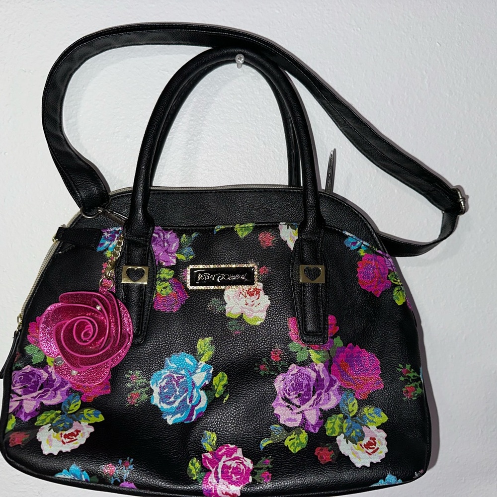 Betsey Johnson Black Floral Satchel with Pink Rose Charm